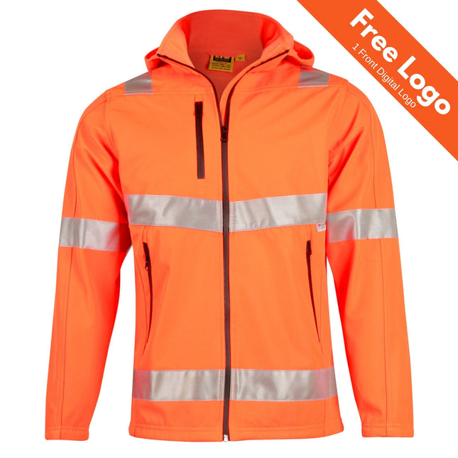 The Winning Spirit Hi-Vis Day & Night Safety Jacket by Winning Spirit features a bright orange design, reflective stripes, front zipper, two side pockets, chest pocket, and hood. Free front digital logo included for custom workwear or branded uniforms.
