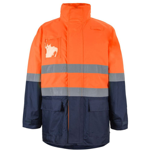 Two-tone orange and navy jacket with reflective stripes on a white background