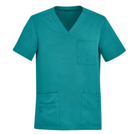 The Biz Care Mens Avery V-Neck Scrub Top by My Promo Shop is a teal, short-sleeve scrub top with three pockets (chest pocket, two lower front pockets—one zippered), offering easy care and comfort for your shift.