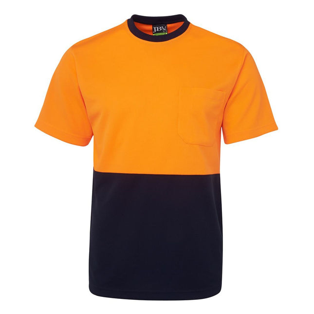 A front view of a two-tone short-sleeve work t-shirt. The top half is bright orange, and the bottom and collar are dark blue. It has a single chest pocket.