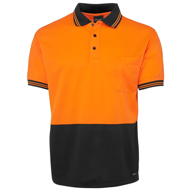 A front view of a two-tone polo shirt. The top is orange, and the bottom is black. It has a high collar and sleeve cuffs with black stripes.
