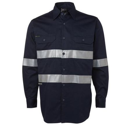 A front view of a dark blue long-sleeve work shirt. It has a full button-down front, two chest pockets, and two wide, gray reflective stripes across the torso and arms.