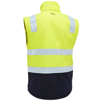 A rear view of a two-tone work vest. The vest is neon yellow and black with a high collar and two wide, gray reflective stripes across the back.