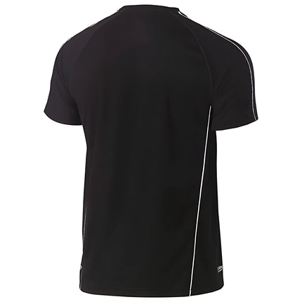 A rear view of a fitted black short-sleeve shirt with white piping on the sleeves and sides.