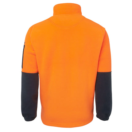 A rear view of a two-tone fleece pullover. The back is all bright orange, and the sleeves are dark blue.
