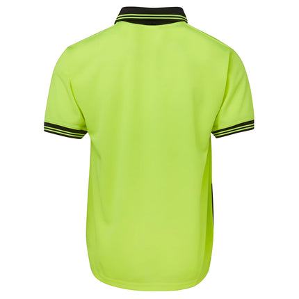 A rear view of a two-tone polo shirt. The back is all neon yellow, and the collar and sleeve cuffs are black with two thin stripes.