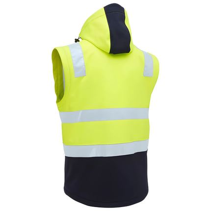 A rear view of a neon yellow and black work vest with a hood. It has two wide, gray reflective stripes across the back.