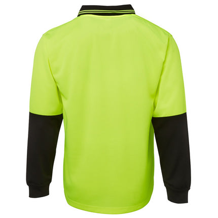 A rear view of a two-tone long-sleeve polo shirt. The back is neon yellow, and the sleeves are black.
