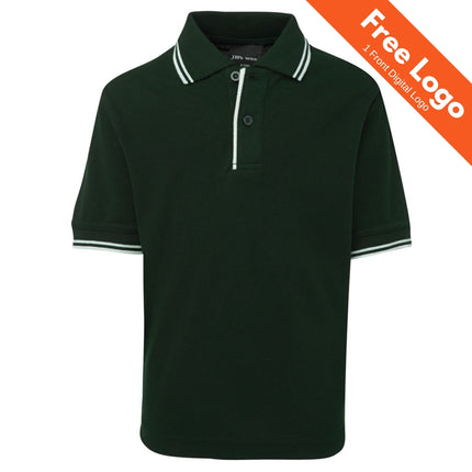 JB's Wear Kids' Contrast Polo by JB's Wear comes in dark green with white trim on the collar and sleeves—ideal for school uniforms. An orange banner at the top right reads: Free Logo, 1 Front Digital Logo.