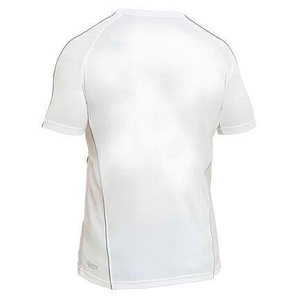 A rear view of a fitted white short-sleeve shirt with gray piping on the sleeves and sides.