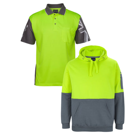 JB's Wear Hi-Vis Safety Custom Workwear Bundle – 4 Polo Shirts + 2 Hoodies with Free Logo