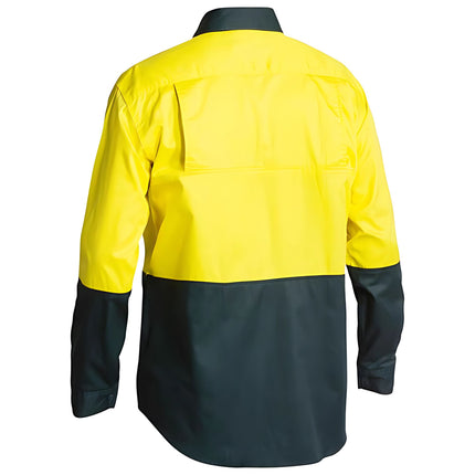 A rear view of a two-tone long-sleeve work shirt. The top is bright yellow and the bottom and sleeves are dark blue.