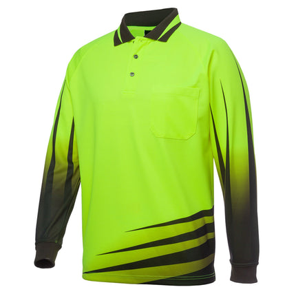 A close-up of a long-sleeve polo shirt. The shirt is bright yellow with a black and gray striped pattern on the left side and a black and gray pattern on the sleeves.