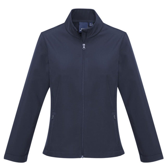 The Biz Collection Women's Apex Jacket is a navy blue, long-sleeve softshell with a high collar, front zipper, fitted shape, and zippered side pockets—ideal winter workwear from Biz Collection. Displayed on a white background.
