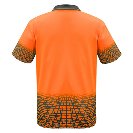 A rear view of a bright orange polo shirt with a dark gray collar. It features a black geometric pattern on the hem and sleeves.