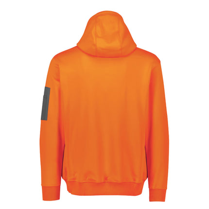 A rear view of an orange hoodie with a hood and a small gray pocket on the left sleeve.