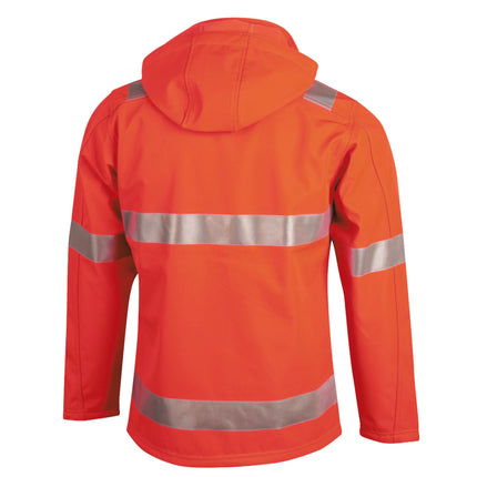 A rear view of a high-visibility orange work jacket. It has a hood and two wide, gray reflective stripes across the back and arms.