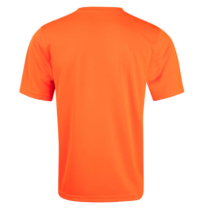 A rear view of a bright orange short-sleeve t-shirt with a crew neck.