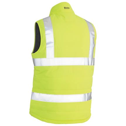 A rear view of a high-visibility neon yellow vest. It has a high collar and two wide reflective stripes across the torso and shoulders.