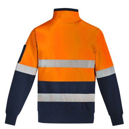 A rear view of a two-tone high-visibility work sweater. The top is bright orange, and the bottom and sleeves are dark blue. The sweater has two reflective stripes across the back.