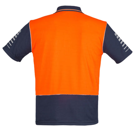A rear view of an orange and dark blue short-sleeve polo shirt. The back is orange with reflective stripes on the arms.
