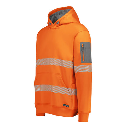 A close-up of a high-visibility orange hoodie. It has a gray-lined hood, a front pocket, a gray zipper pocket on the left sleeve, and reflective stripes across the torso and arms.