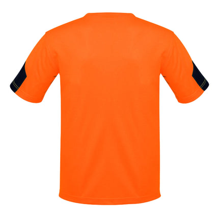 A rear view of an orange work vest. It has a high collar and four horizontal gray reflective stripes across the back.