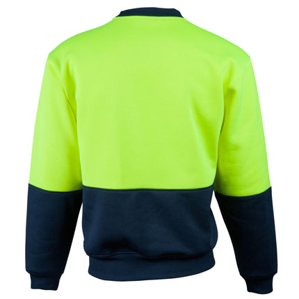 Back view of a high-visibility yellow and navy blue sweatshirt on a white background