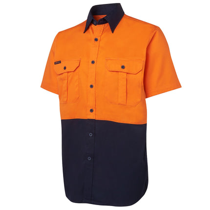 A close-up of a two-tone short-sleeve work shirt. The top is bright orange, and the bottom and collar are dark blue. It has a full button-down front.