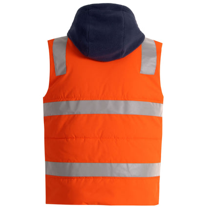 A rear view of a high-visibility orange padded vest with a dark blue fleece hood. It has two wide, reflective gray stripes across the back and two on the shoulders.