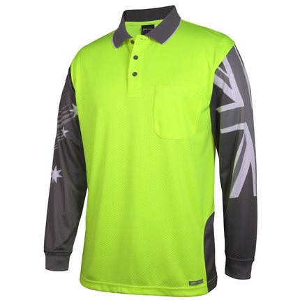 A close-up of a neon yellow and dark gray long-sleeve polo shirt. It has a high collar with white piping and features a Southern Cross star on the left sleeve and a Union Jack on the right.