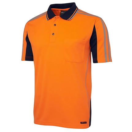 A close-up of a bright orange and dark blue short-sleeve polo shirt with reflective stripes on the sleeves and shoulders and a single chest pocket.