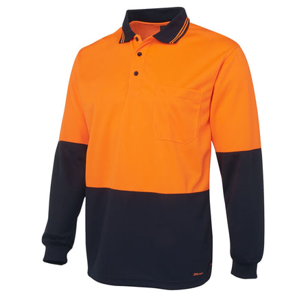 A long-sleeve polo shirt in two colors. The top is orange, and the bottom is dark blue. It has a high collar, a three-button front, and a single chest pocket.