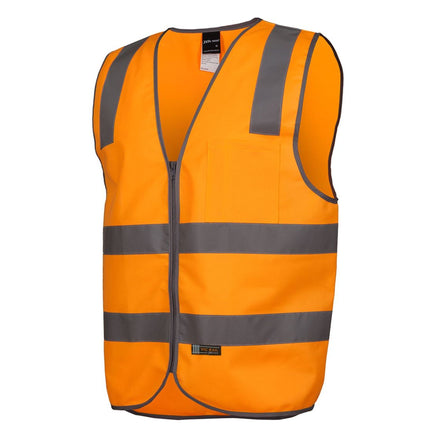 A close-up of a high-visibility orange vest with a full zipper down the front and gray reflective stripes across the torso and shoulders. It has a V-neck and a front closure.