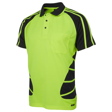 A close-up of a neon yellow and black short-sleeve polo shirt. It has a high collar with two thin stripes and a black, athletic-style striped pattern on the sides and sleeves.