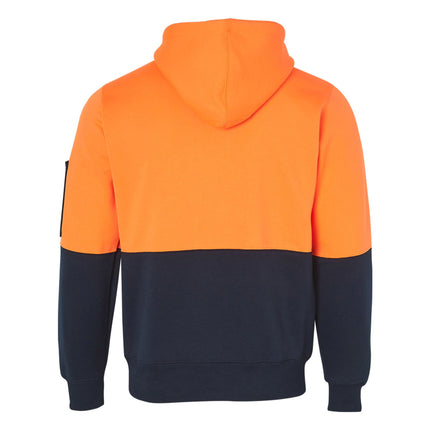 A rear view of a two-tone hoodie. The top is bright orange and the bottom and sleeves are dark blue.