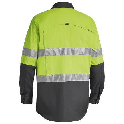 A rear view of a two-tone long-sleeve work shirt. The back is neon yellow with two gray reflective stripes, and the bottom and sleeves are dark gray.