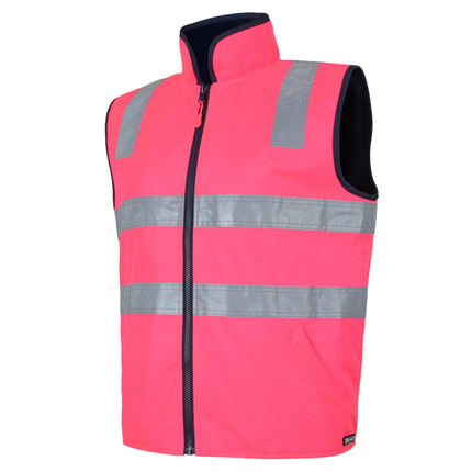 A close-up of a bright pink, high-visibility work vest. It has a high collar, a black zipper, and two gray reflective stripes.