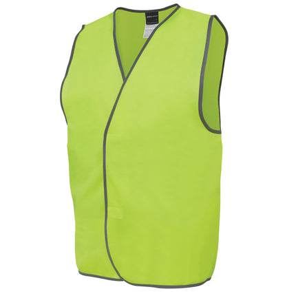 A close-up of a neon yellow high-visibility vest with gray trim. The vest has a V-neck and a front closure.