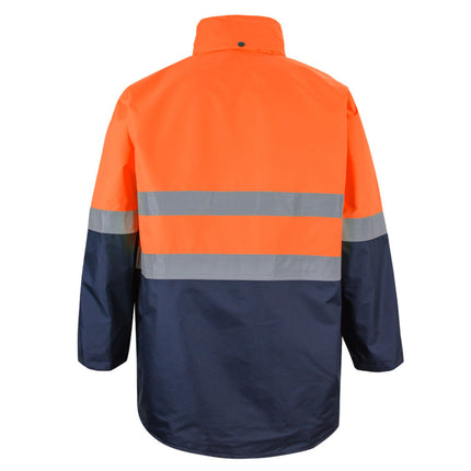 Orange and navy raincoat with reflective stripes on a white background