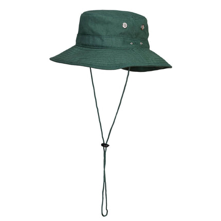 Green bucket hat with chin strap on a white background