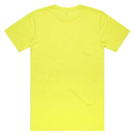 A rear view of a simple, fitted neon yellow short-sleeve t-shirt with a crew neck.