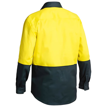 A rear view of a two-tone long-sleeve work shirt. The top half is neon yellow, and the bottom half is dark blue.