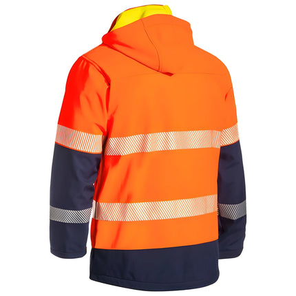 A rear view of an orange and dark blue work jacket. The jacket has a hood, and two wide, horizontal reflective stripes cross the back.