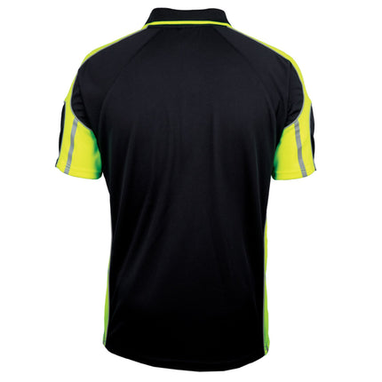 Black polo shirt with green accents on a white background