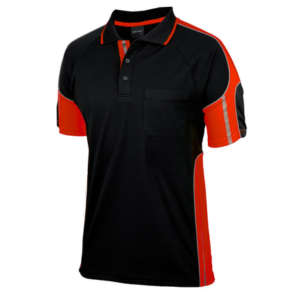 A close-up of a black short-sleeve polo shirt. It has a single chest pocket, orange side panels, and orange sleeves with gray reflective stripes.
