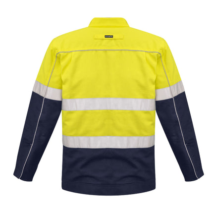 A rear view of a long-sleeve, two-tone work jacket. The top is neon yellow, and the bottom and sleeves are dark blue with white reflective stripes.