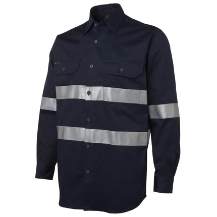 A close-up of a dark blue long-sleeve work shirt. It has two chest pockets, a button-down front, and two wide reflective gray stripes across the torso and arms.