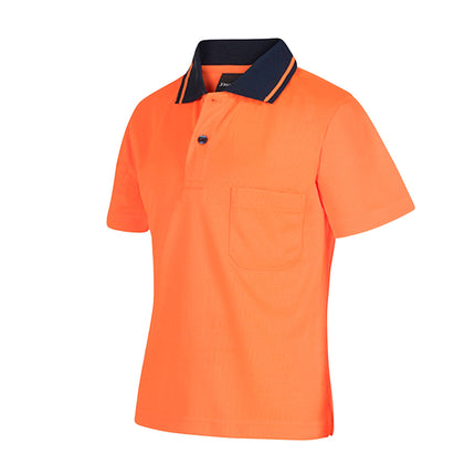 A close-up of a bright orange short-sleeve polo shirt. It has a dark blue collar with two thin stripes, a three-button placket, and a single chest pocket.