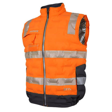 A close-up of a high-visibility orange and black padded work vest. It has a high collar, gray reflective stripes, and a clear ID pocket on the chest.